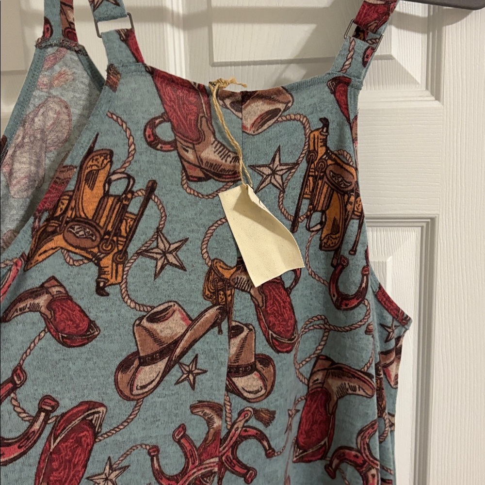Sleeveless Printed Overalls with  Pockets - Dusty Blue & Rust - Picture 5 of 6